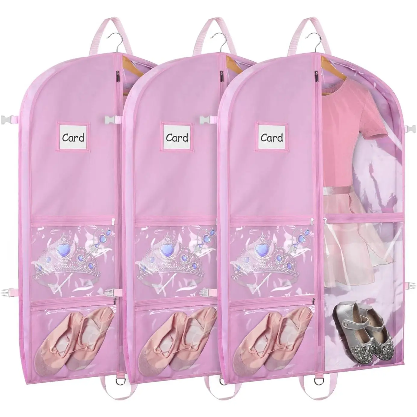 40" Dance Garment Bags for Dancers Clear Garment Bags for Dance Costume with 5 Clear Zipper Pockets Stable Buckles and Carry Handles for Dance Competition Closet Storage, Set of 3