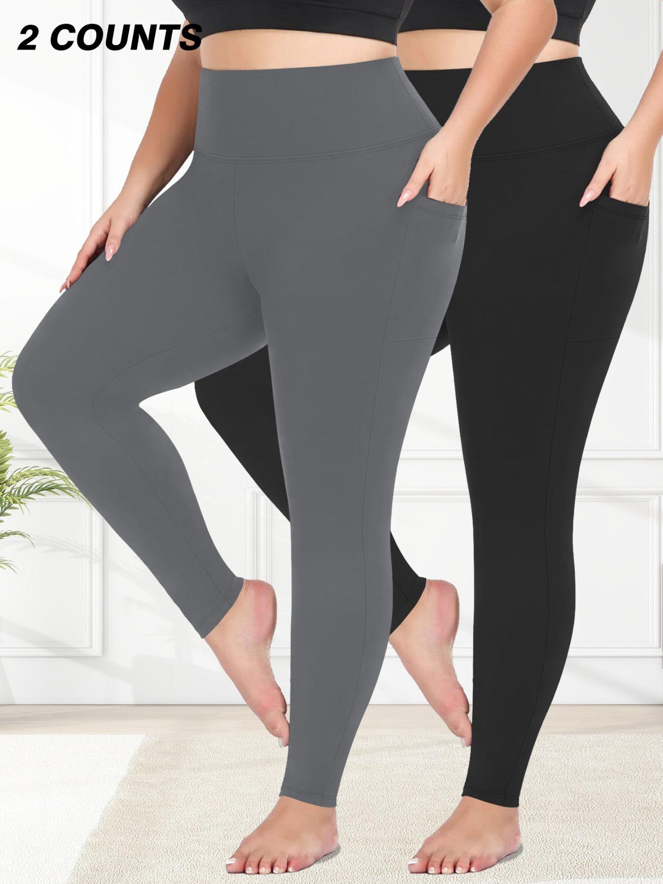 Plus Size Solid High Waist Pocket Leggings, Casual Comfy High Stretch Skin-friendly Skinny Pants for Women, Women's Bottoms for All Seasons