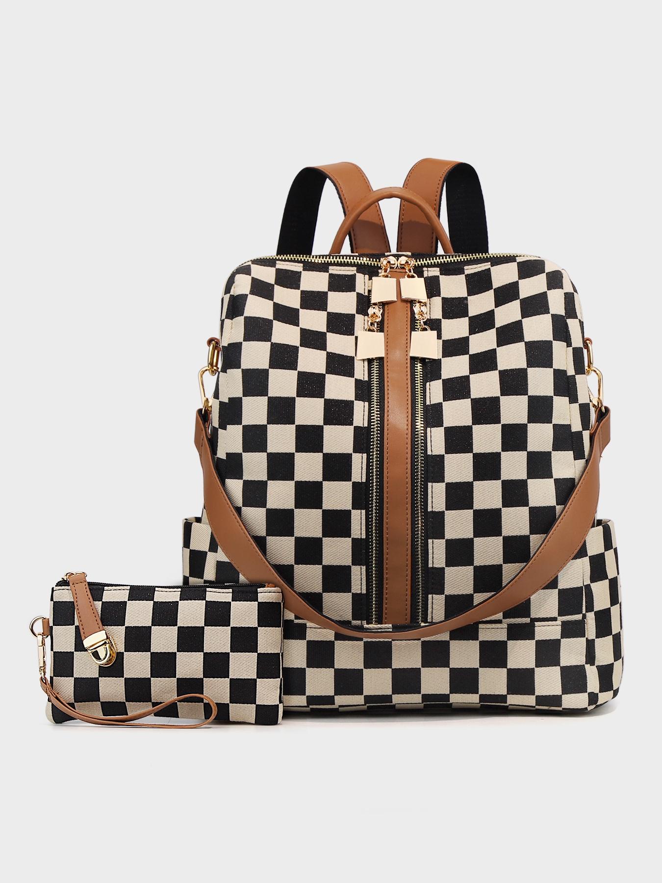 Checkerboard Pattern Backpack Set, Women'S Fashionable Vintage Trendy Casual Large Capacity Zipper Travel Backpack & Wristlet, Multifunctional Bag Set For Daily Use
