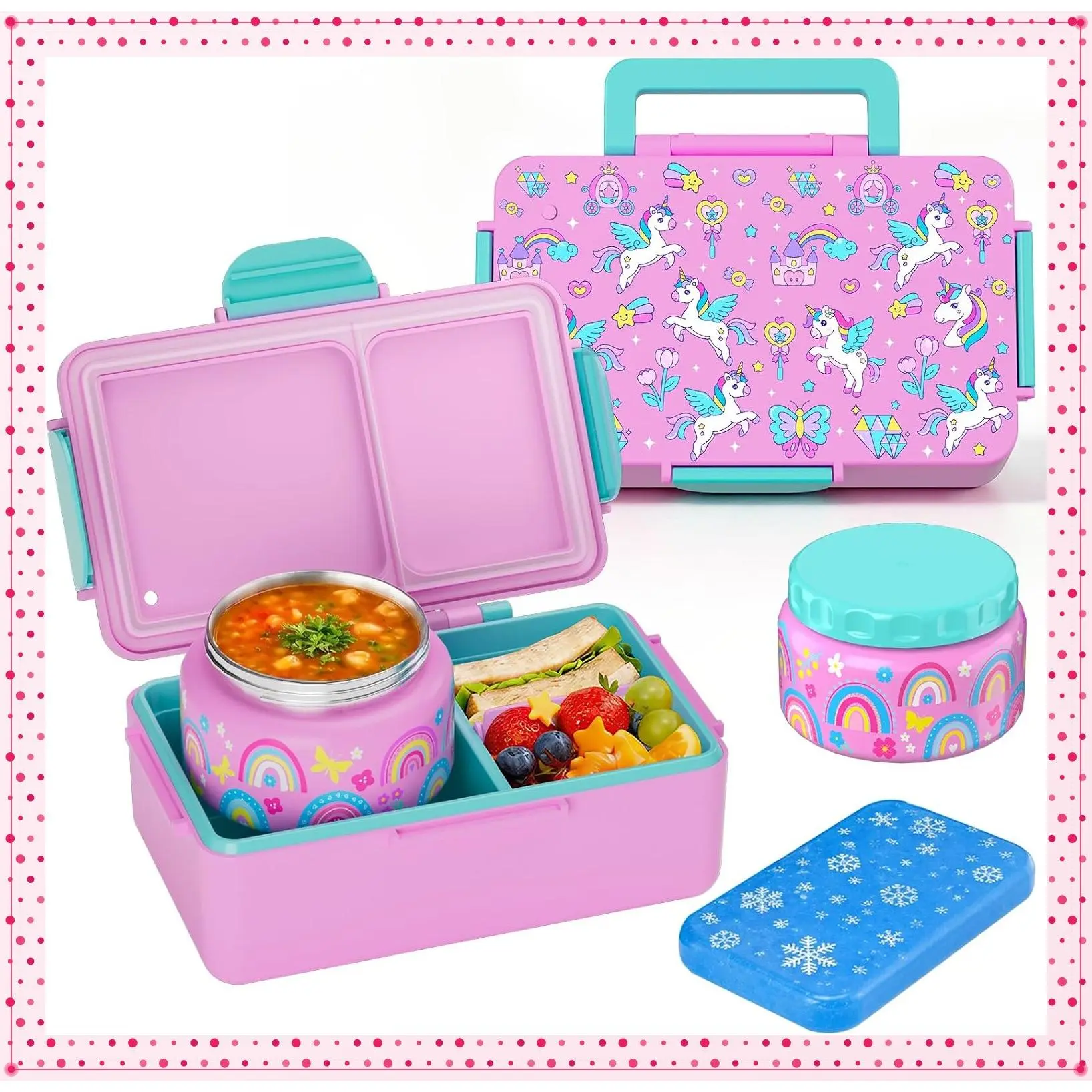 Kids Bento Lunch Box with 12oz Insulated Stainless Steel Soup Jar and Built-in Ice Pack, 3-Compartment Leak-Proof Container for Boys & Girls, School and TravelGift