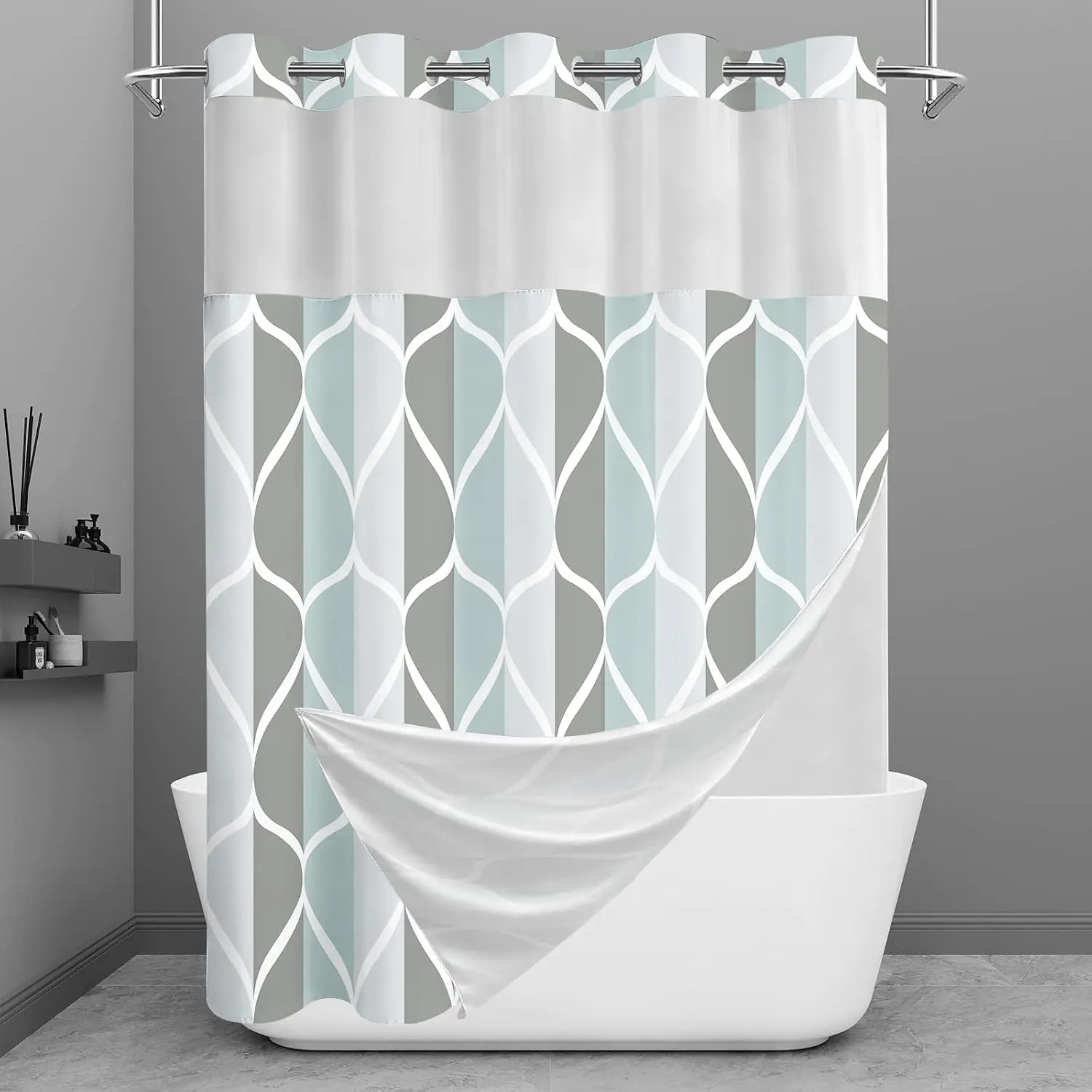 No Hook Grey Shower Curtain with Snap in Liner Set - Hotel Style with See Through Mesh Top Window, Modern Geometric Waterdrop Design,Water-Repellent & Washable, 71x74 INCH