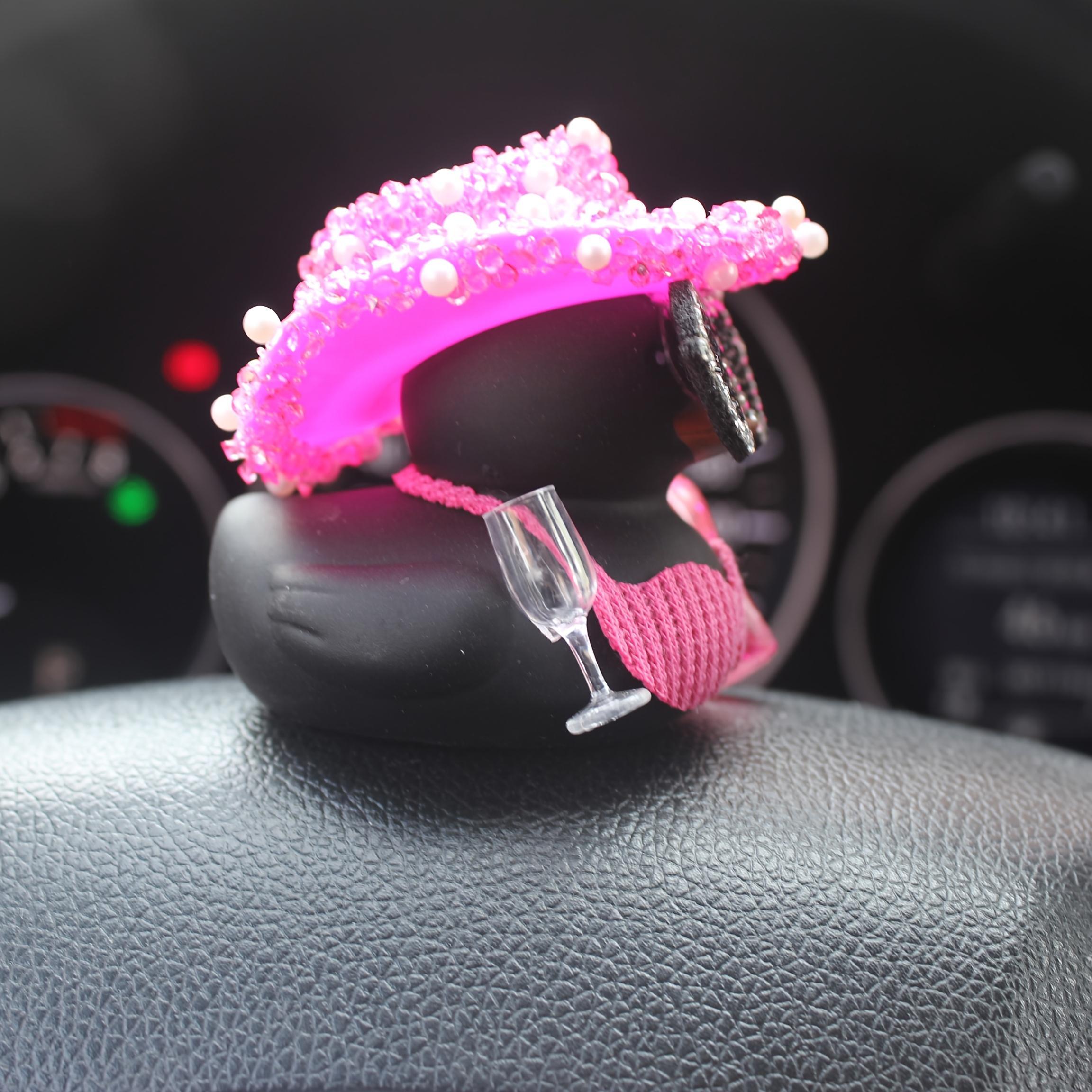 Cute Duck Car Dashboard Ornament Set, Black Duck with Pink Glitter Hat and Champagne Bottle Decor, Funny Car Interior Accessory for Dashboard, Motorcycle, Bicycle, Party Gift