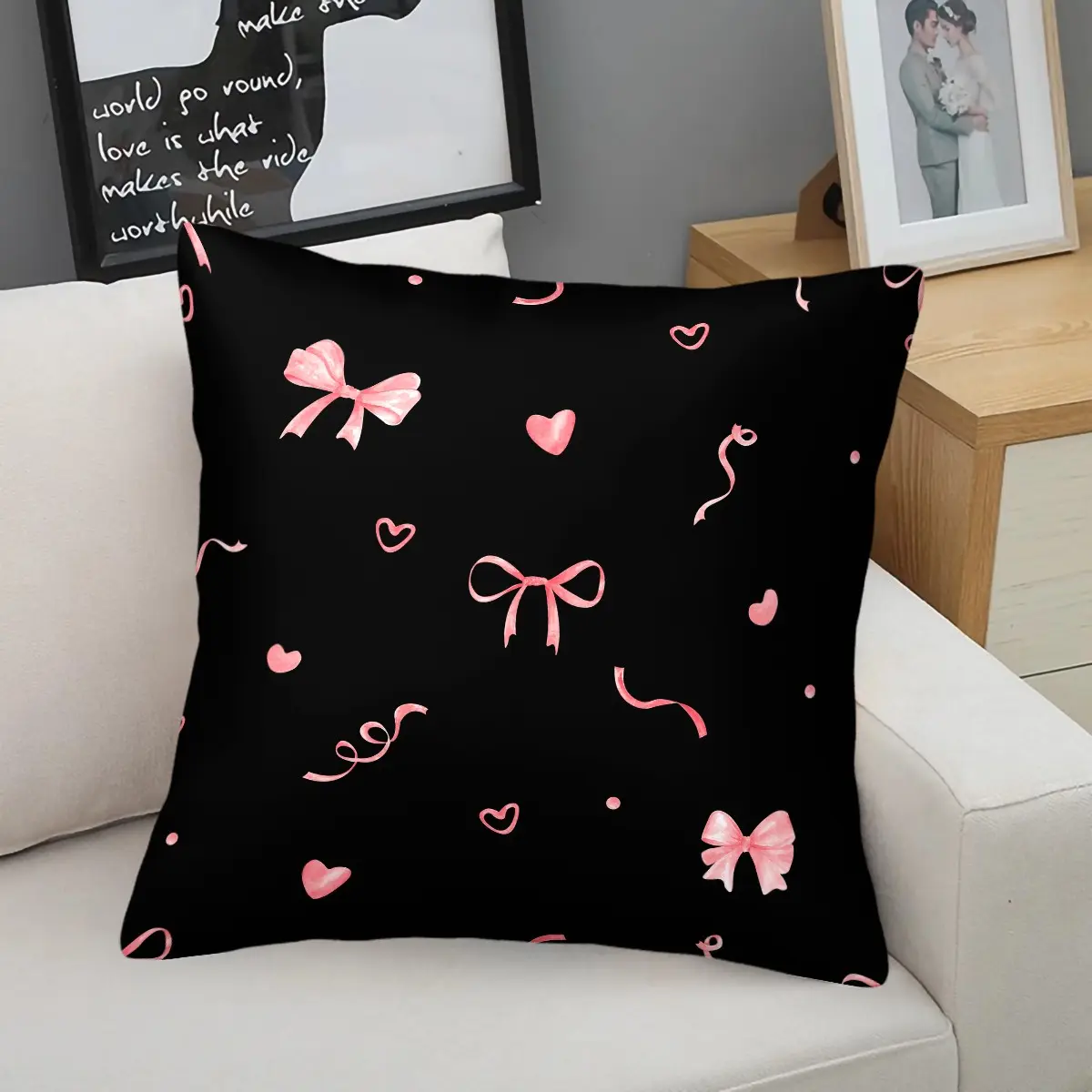 Coquette Pink Bow & Heart Throw Pillow, Cute Girly Ribbon Cushion Accent Pillow, Includes Pillow Core, Soft Comfortable Decorative Pillows for Sofa Bedroom Dorm Office, Perfect Gift for Teen Girls Women