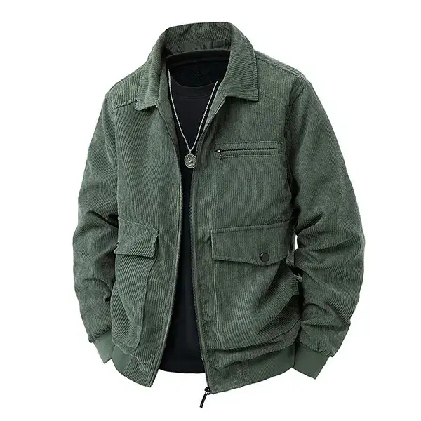 Men's military green corduroy loose jacket - features a lapel design, zipper closure, and patch pockets; perfect for outdoor recreation and everyday wear during cool weather