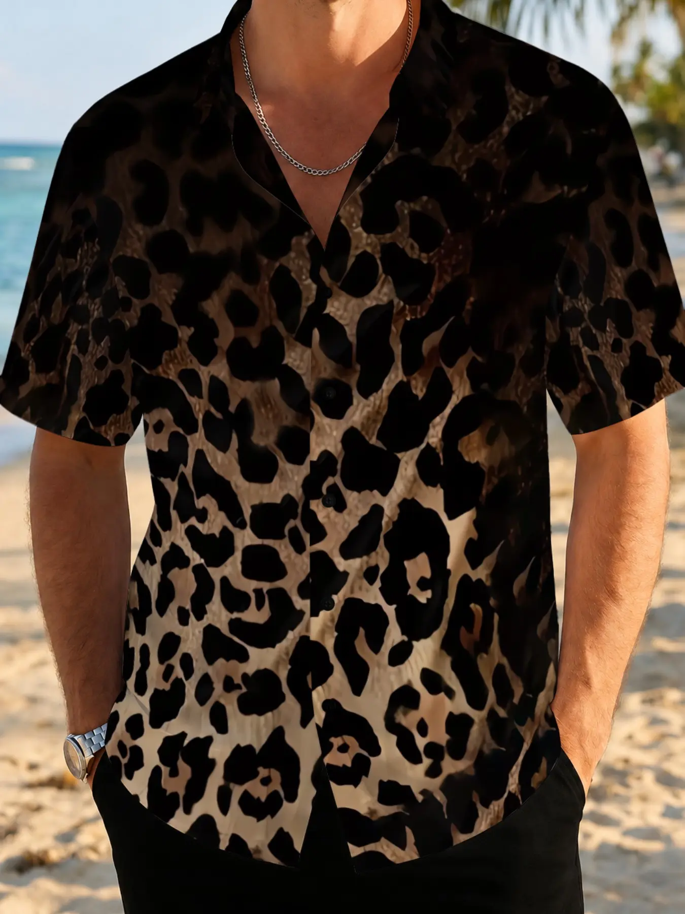 Men's Casual Leopard Print Shirt, Casual Buttons Collared, Summer New Arrival, Street Fashion, Comfortable Slim Fit, Ideal for Daily Wear