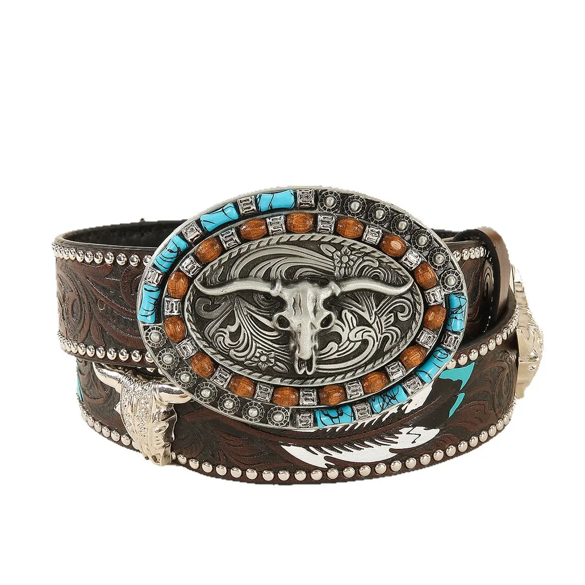 Men's Western Leather Belt with Floral & Feather Embossing, Heavy Duty Cowboy Style with a Vintage Turquoise & Wood Inlay Longhorn Skull Buckle, Western Belt, Belts
