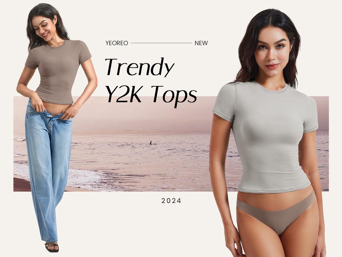 YEOREO Women Fitted Workout Tops Short Sleeve Double Lined Basic Y2K Going Out Crew Neck Compression Crop Top Womenswear