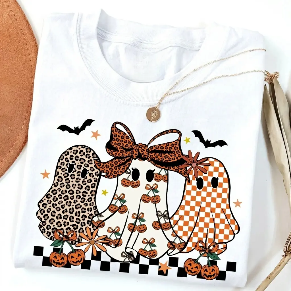 Leopard Checkered Ghost Print Sports Top - Retro Spooky Theme Tee with Checkered Accents, Soft Cotton Halloween Graphic Shirt