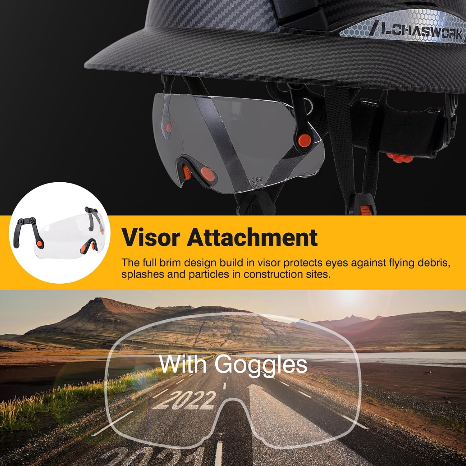 Full Brim Hard Hat ABS Safety Helmet with 6 Point Adjustable Ratchet Suspension Vented Industrial Work Hardhat with Visor Reflective Stickers