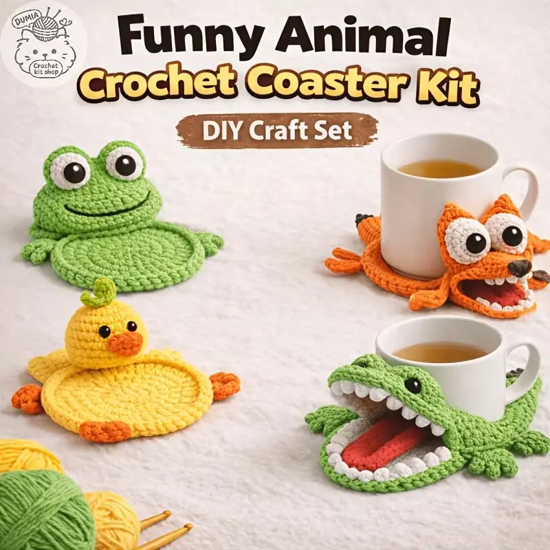 4-Piece DIY Soft Plush Cup Holder Knitting Kit, Beginner-Friendly Craft Set, Cute Cartoon Animal Design, Includes Tools & Tutorial