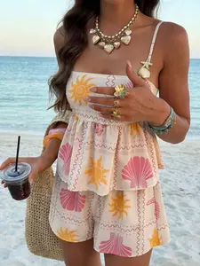 Women's Floral Print Ruched Backless Top and Shorts Set, Casual Style, Elegant Design, Beach, Perfect for Valentine's Day and Summer Activities
