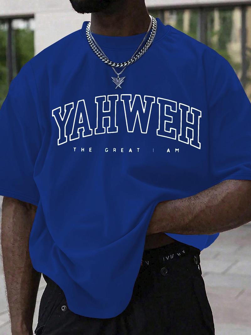 Men's Letter Print Drop Shoulder Tee, Regular Fit Casual Short Sleeve Round Neck T-Shirt for Summer, Fashion Men's Top for Daily Wear, Casual Fit Streetwear