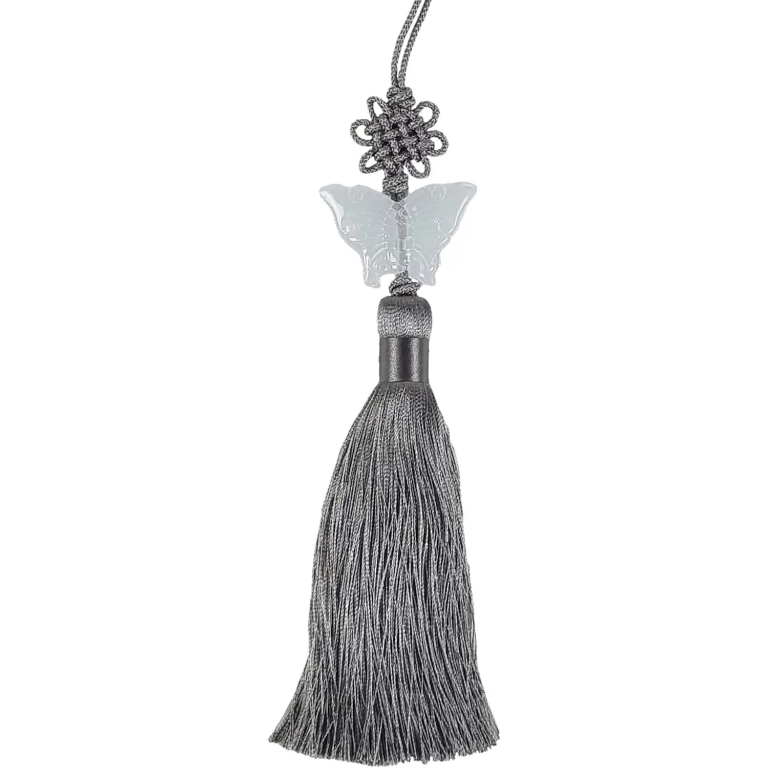 Jade Butterfly Norigae - Korean Traditional Tassel Charm with Elegant Knot - Hanbok Accessory New Year's Gifts (Grey)