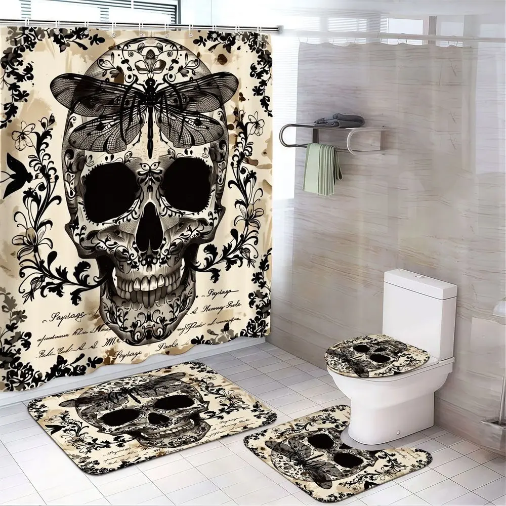 4pcs Gothic Skull Bathroom Decor Set, Vintage Black White Damask Floral Butterfly Crosses Shower Curtain Backdrop, Halloween Day of the Dead Vibes TikTok Hot Trend