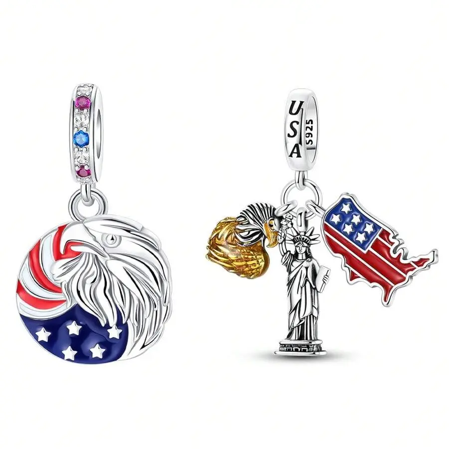 Silver Plated Charms For Bracelets,Patriotic Statue Of Liberty Enamel Bead,Independence Day Pendant,Summer Holiday DIY Jewelry Fits Bracelet Necklace