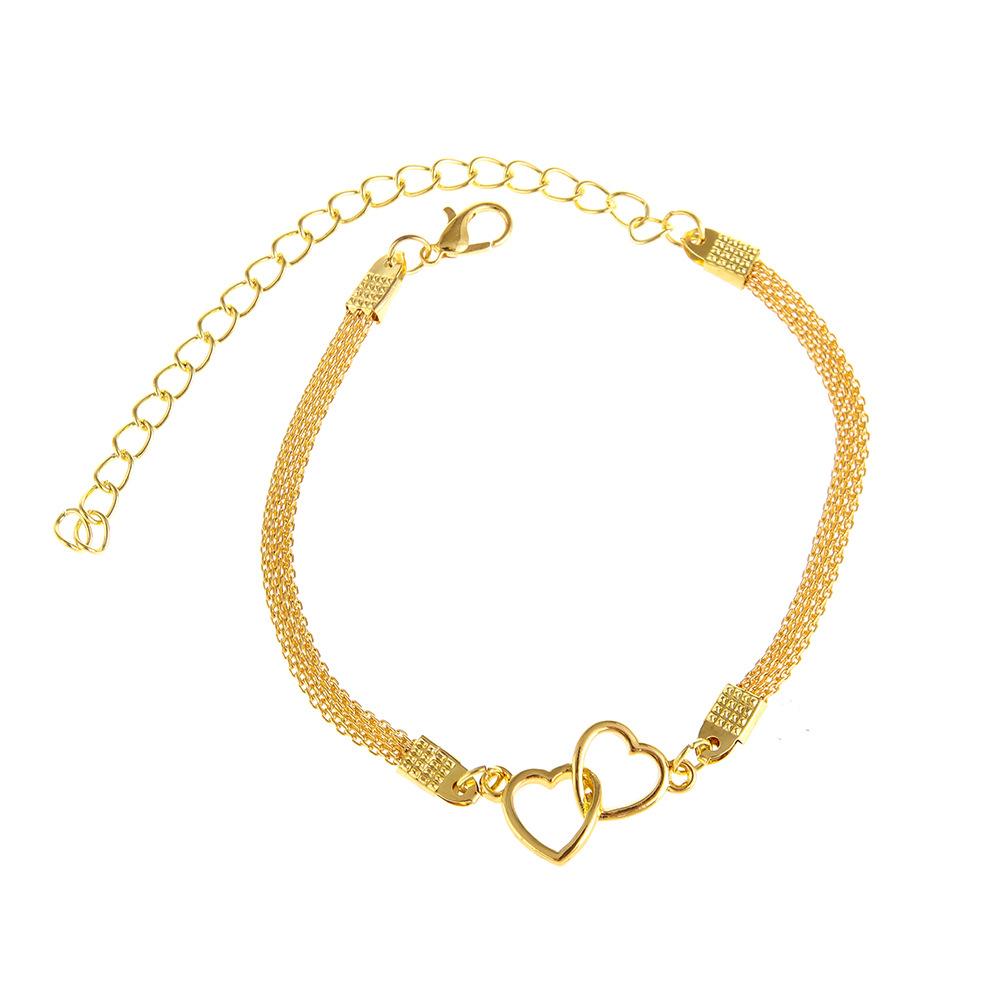Gold Double Heart Anklet for Women, Interlocking Hearts Cuban Link Ankle Bracelet