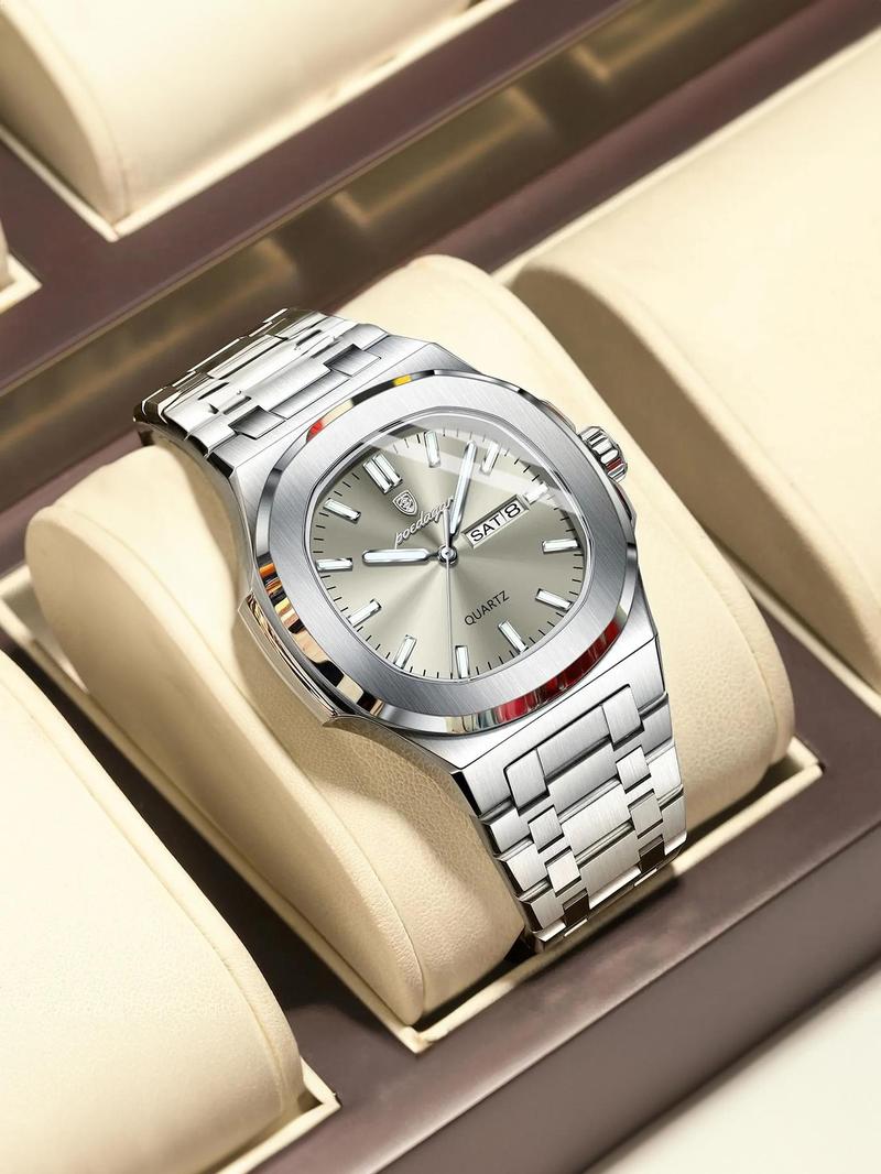 Men's Business Fashion Waterproof Luminous Dial Analog Quartz Watch, Stainless Steel Watches, Fashion Watch for Party, Daily Clothing Decor, Trendy All-match & Exquisite Watch for Birthday Gift with Box