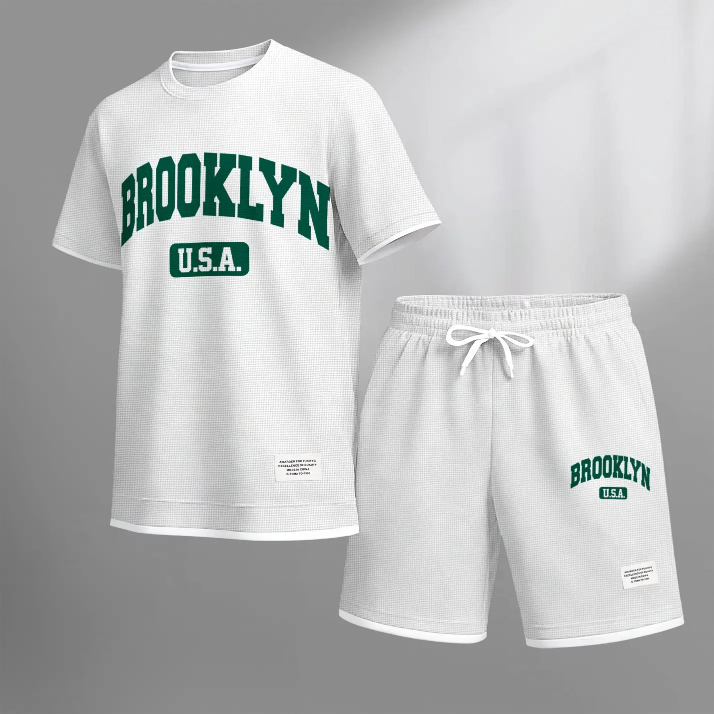 Men’s USA Brooklyn Graphic Textured 2-Piece Set, Short Sleeve T-Shirt and Drawstring Shorts, Casual Loose Fit Summer Outfit, Lightweight Breathable Streetwear for Travel, Vacation, Daily Wear and Outdoor Activities