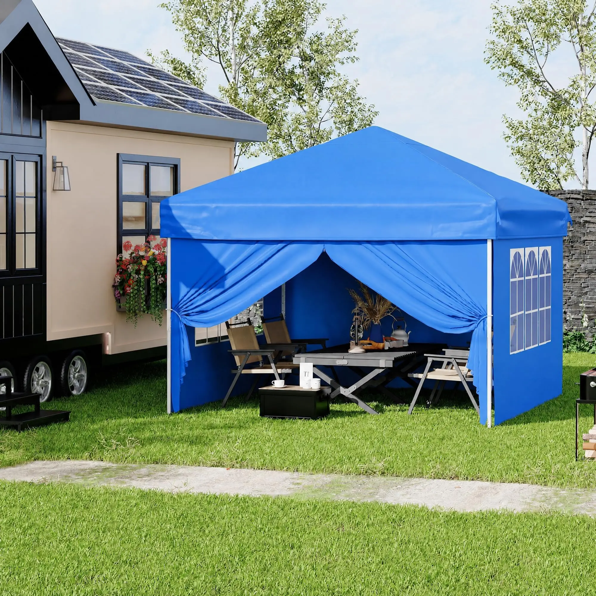 Pop Up Canopy Tent 10x10 ft, Instant Outdoor Portable Canopy with 4 Detachable Window Sidewalls,Portable Outdoor Tent for Camping, Beach, Backyard - Includes Carry Bag, Stakes & Guy Lines