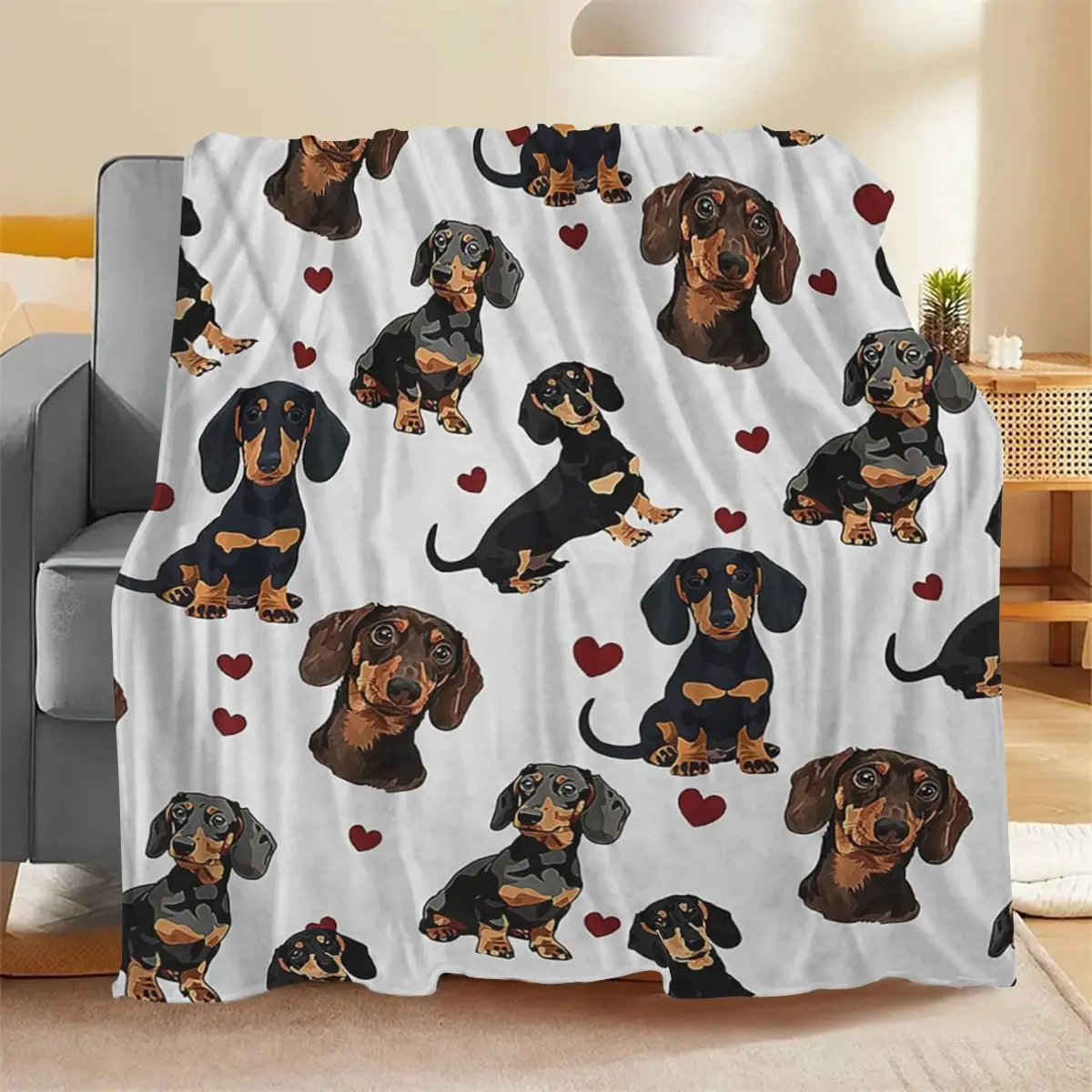 Dachshund Print Flannel Throw Blanket - Cute Sausage Dog & Red Hearts Pattern, Lightweight Warm Cozy Decor for Bedroom Sofa, Perfect Gift for Dachshund Lovers, All-Season Home Use