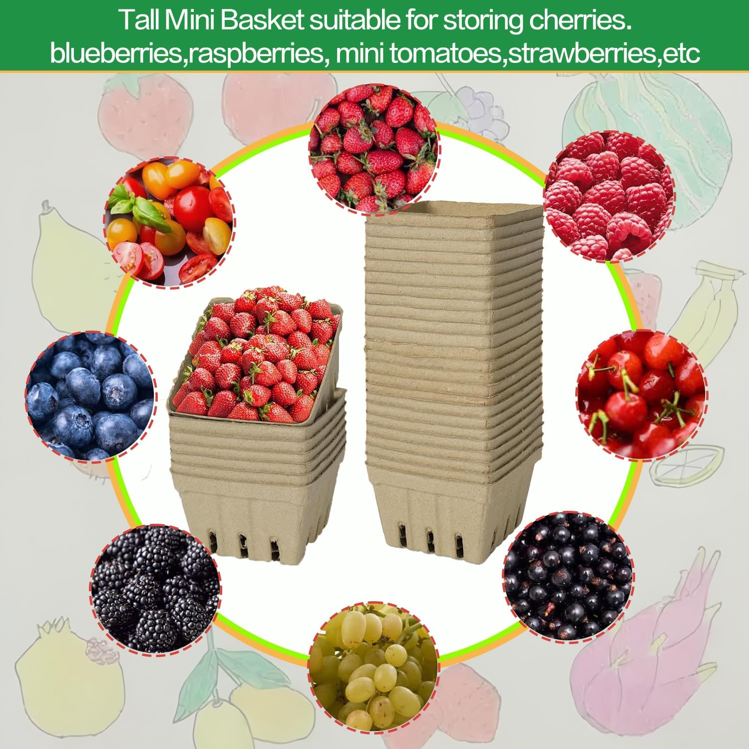 60 Pack  Pulp Fiber Berry Basket, Molded Produce Vented Kitchen Supplies for Strawberry Blueberry Raspberry, fruit baskets,berry containers,farmers market stand (Berry Basket (60 Pcs))