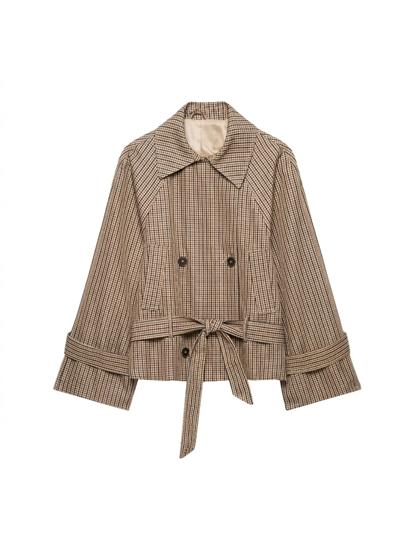 CLAZZAA Women Fashion With Belt Plaid Double Breasted Trench Jacket Vintage Lapel Neck Long Sleeve Female Chic Coat Outfits Outerwear
