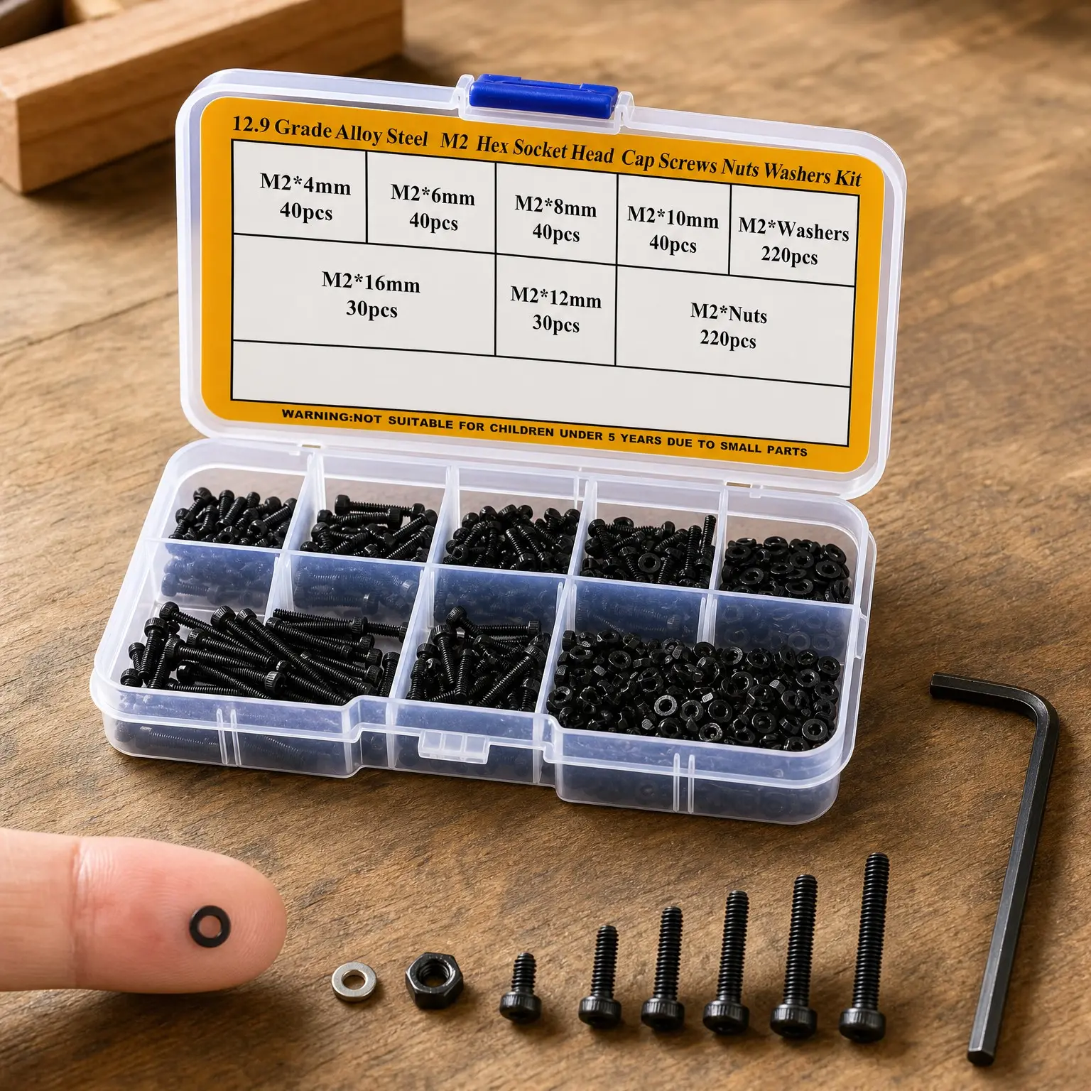 660Pcs M2 Hex Socket Head Cap Screws Assortment Kit, M2 x 4mm/6mm/8mm/10mm/12mm/16mm, 12.9 Grade Alloy Steel, Black Zinc Plated Anti-RustGift