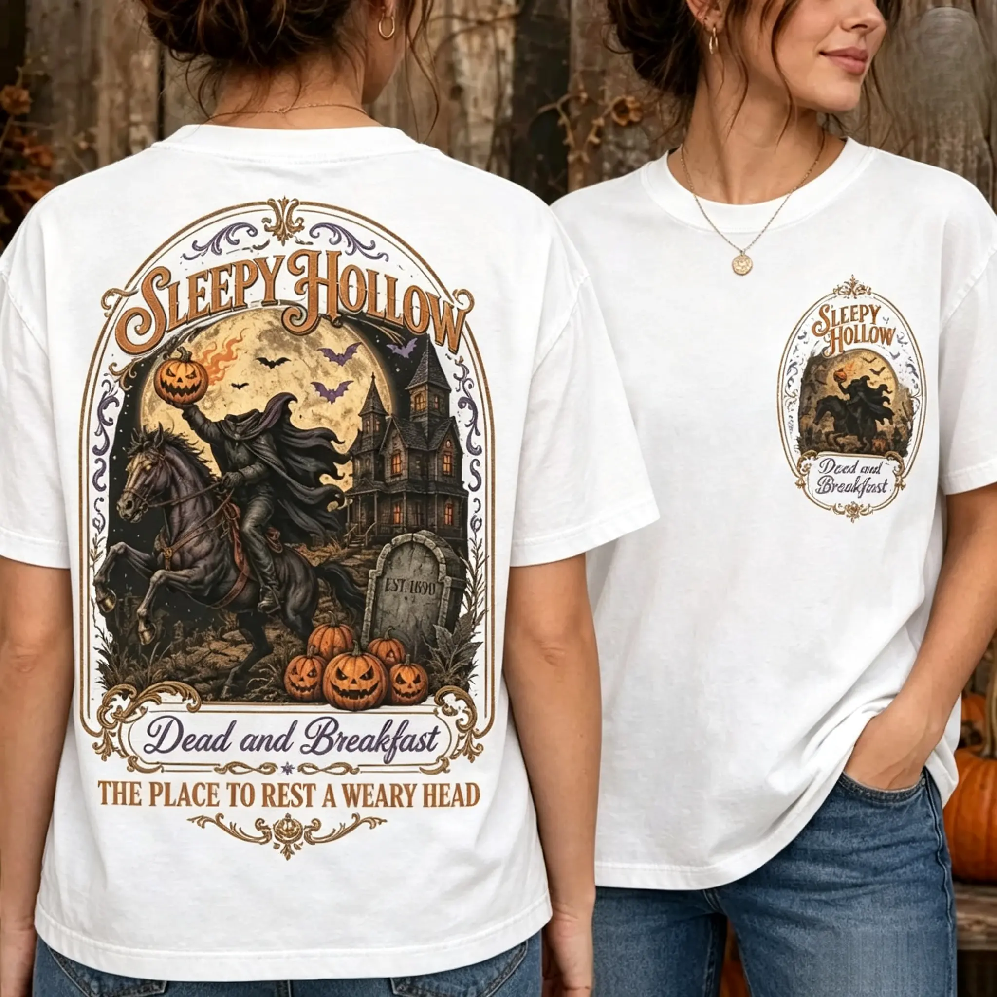 Women's Retro Sleepy Hollow 100% Cotton Crew Neck Short Sleeve T-Shirt - Tops with A-Type Fit, Asymmetric Headless Horseman Pumpkin Moon Back Print, Spooky Halloween Graphic Tee