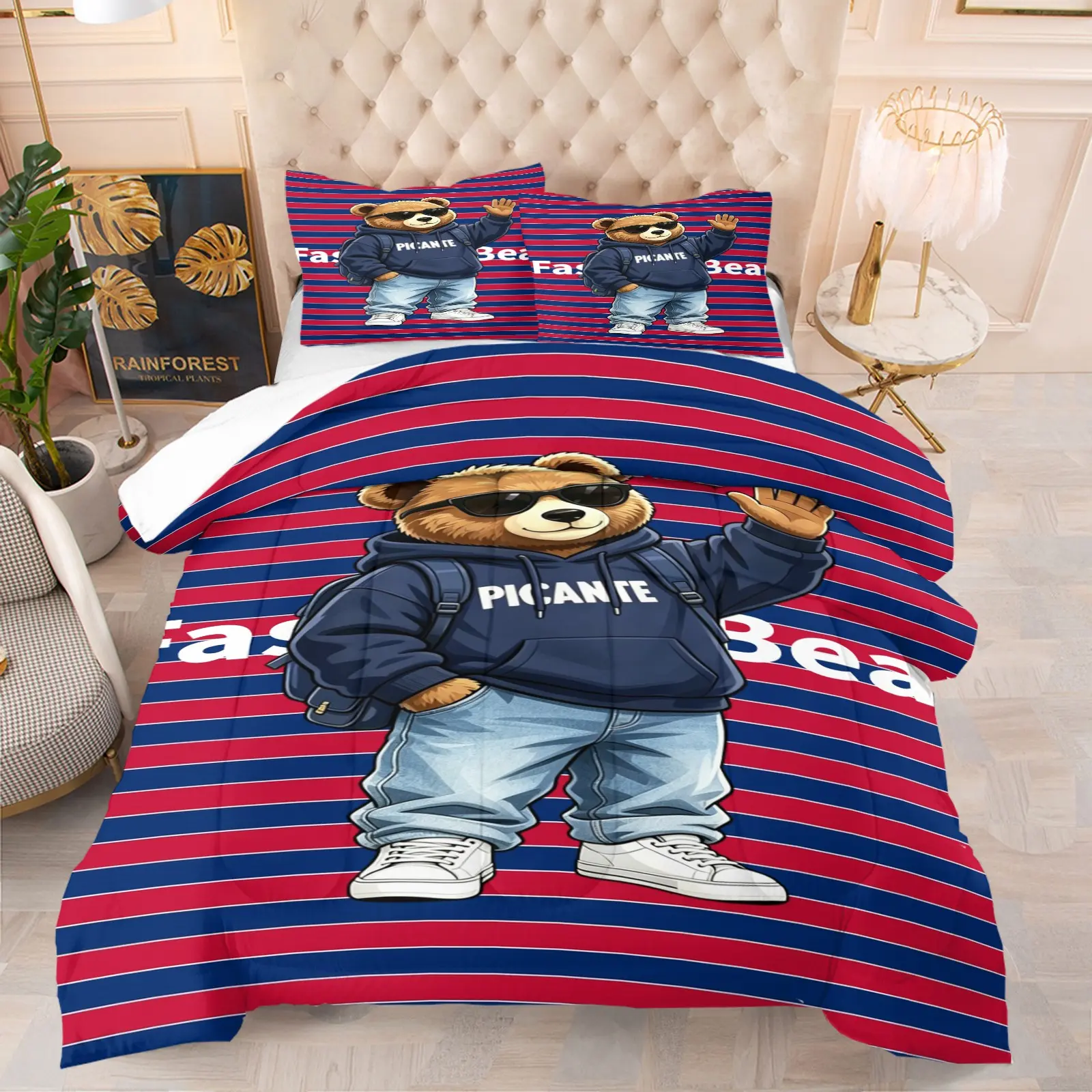 Bear print pattern Decorative Bedding Set, including 1 blanket and 1 or 2 pillowcases without pillowcases, soft Cozy Bed Sets children's and adult bedroom decoration gifts