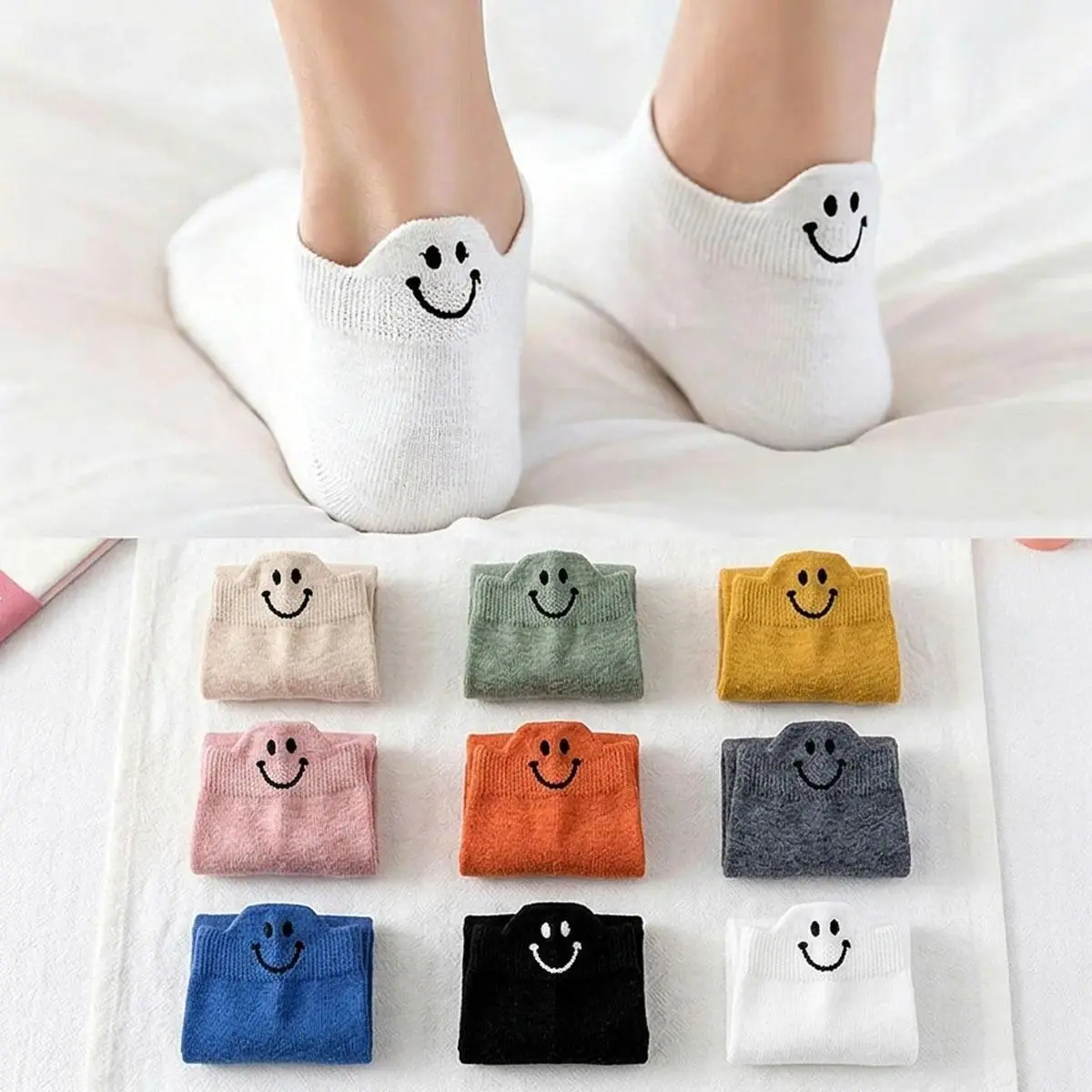 Women’s Smiley Face Ankle Length Socks - 10-Pair & 20-Pair Value Packs, Lightweight Stretchy Comfortable Fit, Cool Breathable Cotton Low-Cut Non-Slip All-Season DIY Luggage Bag Accessories, Excellent Ventilation, 10-Pair Value Pack