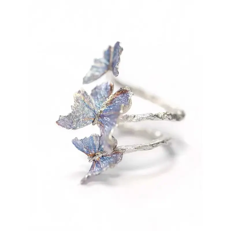 Blue Butterfly Ring for Women, Silver-Tone Branch Statement Ring with Iridescent Butterfly Details, Fairycore Nature-Inspired Jewelry for Everyday Wear, Parties & Gifts