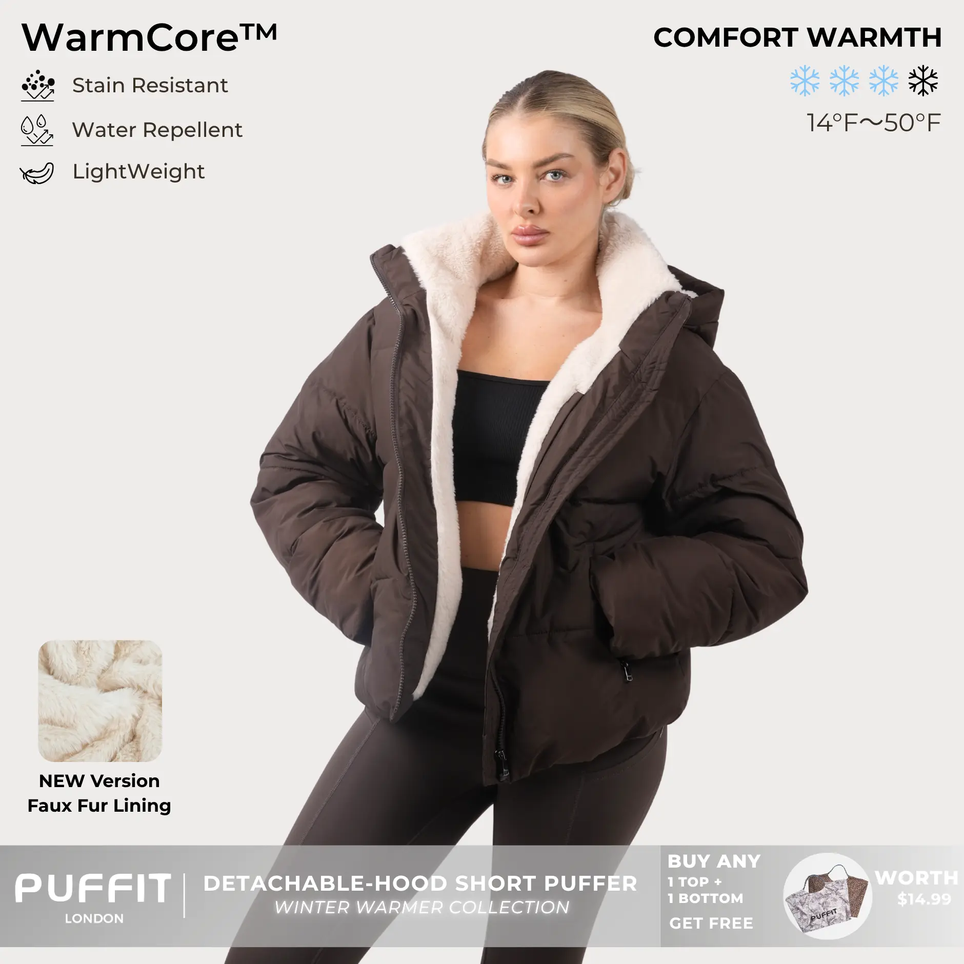 PUFFIT WarmCore Premium Short Puffer Jackets with Removable Hood & Optional Faux Fur Linging, Lady Casual Outerwear Longsleeves Zip Pockets Warm Quilted Coat,Womenswear, Tops, Spot