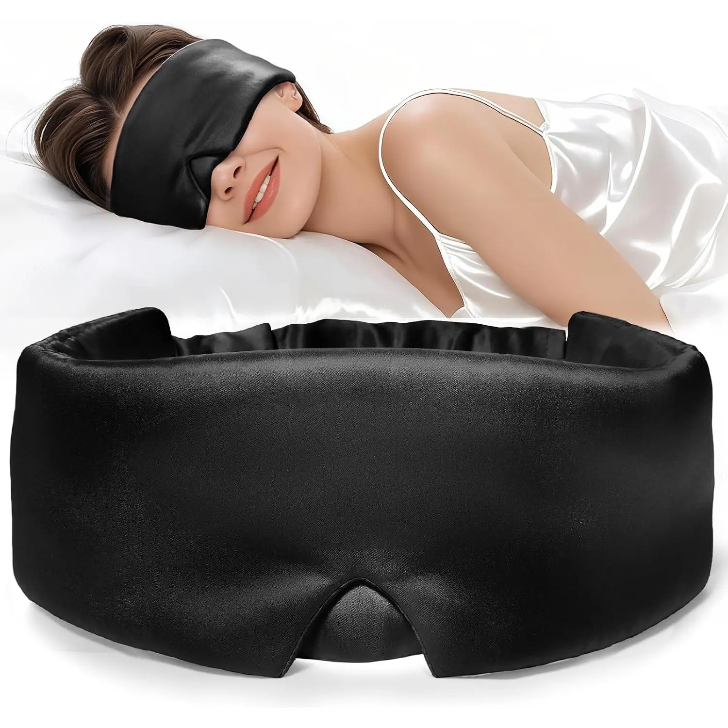 Silk Sleep Mask for Women Men, Adjustable 100% Mulberry Silk Sleep Eye Mask for Side Sleeper, Total Blackout Eye Cover for All Night Sleep, Travel, Office, or Napping (Black)Gift.