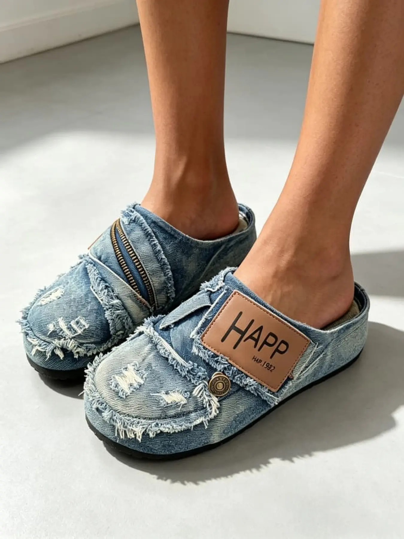 Raw Edge Distressed Denim Upper Men's Denim Mules Vintage Distressed Style Soft Flat Sole Anti-slip Non slip mules Daily Shopping Casual Travel