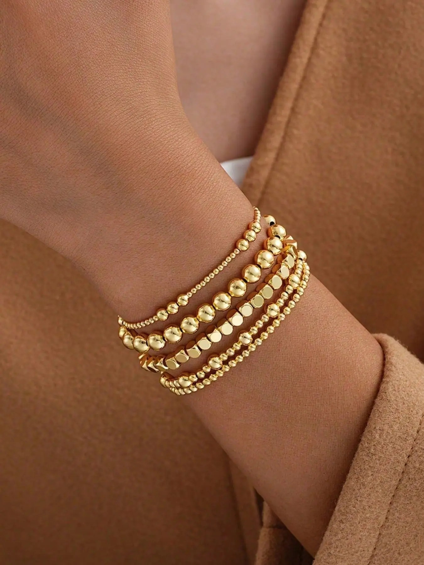 5pcs Fashion Elegant Handmade Beaded Bracelet Set, Personalized Elastic Multi-Layer Bracelets, Women's High-End Style Accessory, Gift