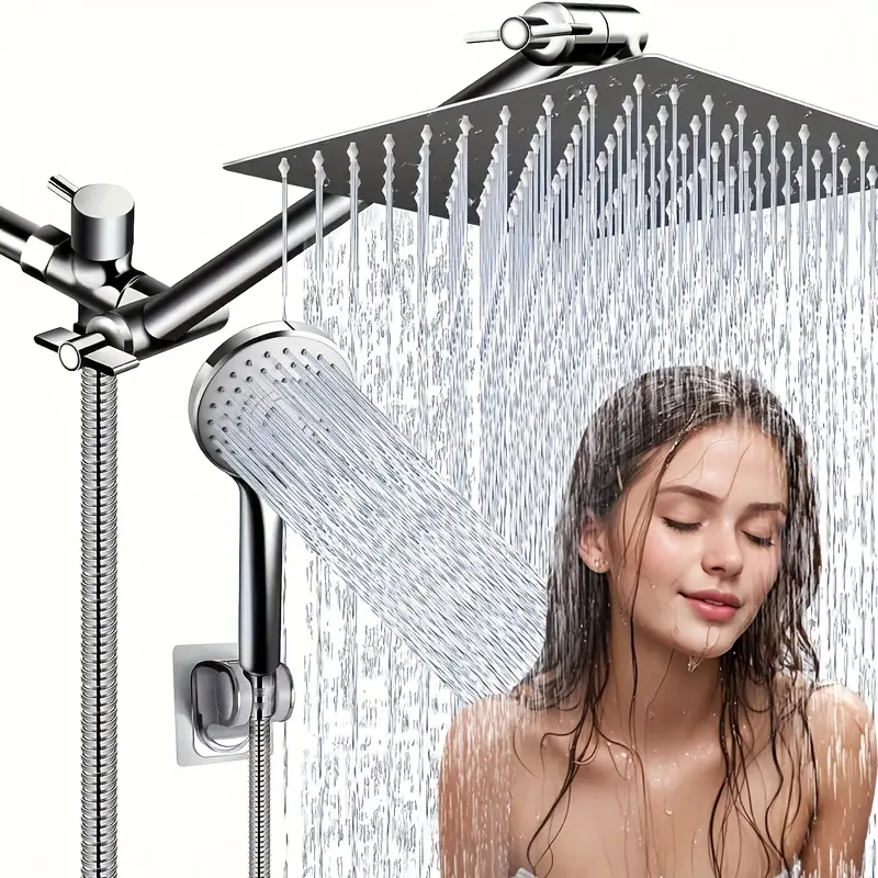 High-Pressure Shower Head Combo (Rainfall + Handheld), Optional 8/12 Inch Oversize Rain Head with 11 Inch Extension Arm, 5 Multi-Function Spray Settings, Anti-Leak Shower Head Holder & Matching Hose Included, Flexible Height & Angle Adjustment