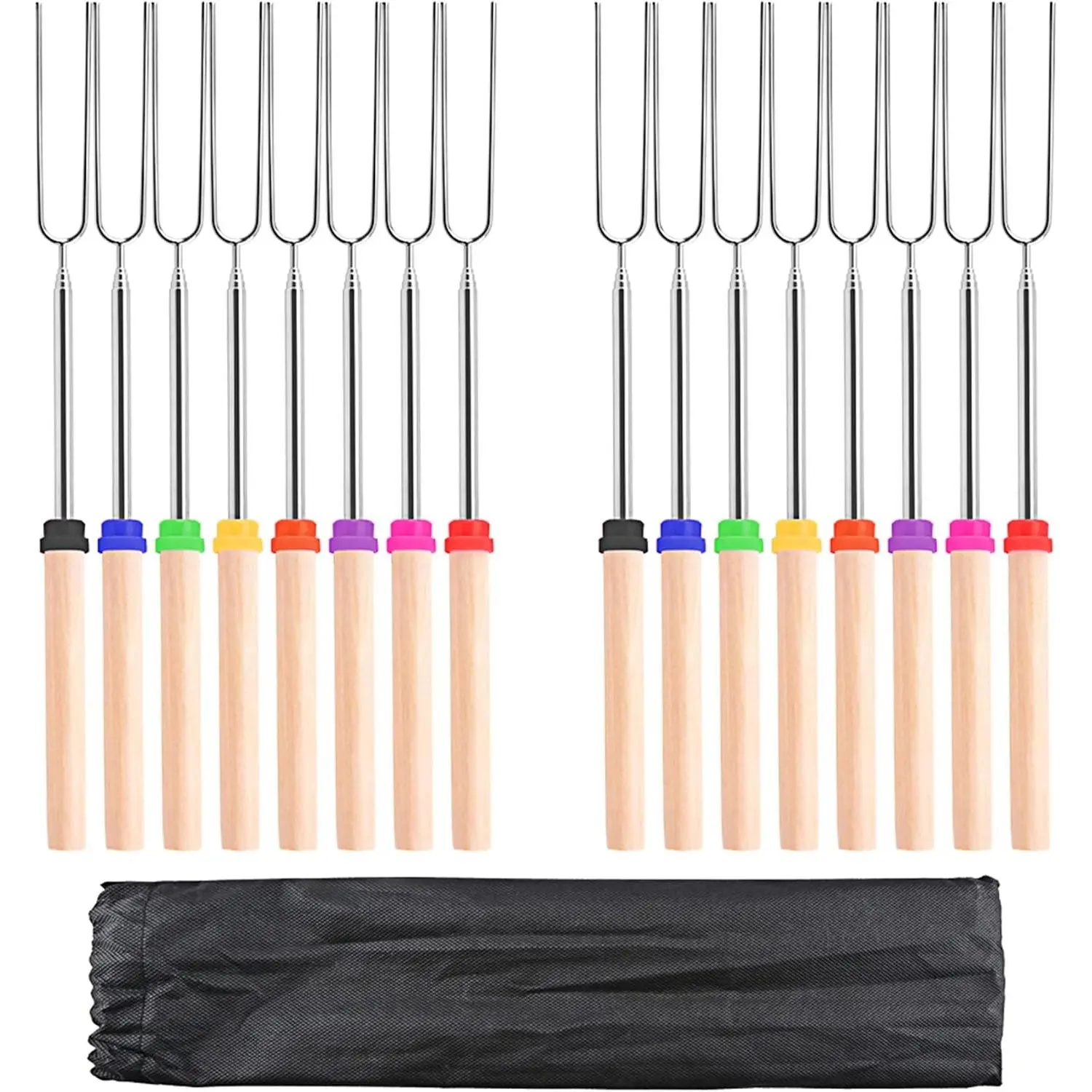 Marshmallow Roasting Sticks 32Inch 16pcs Telescopic Barbecue Forks Retractable Stainless Steel Smores Skewers with Anti-slip Wooden Handle for BBQ Outdoor Camping Campfire Firepit