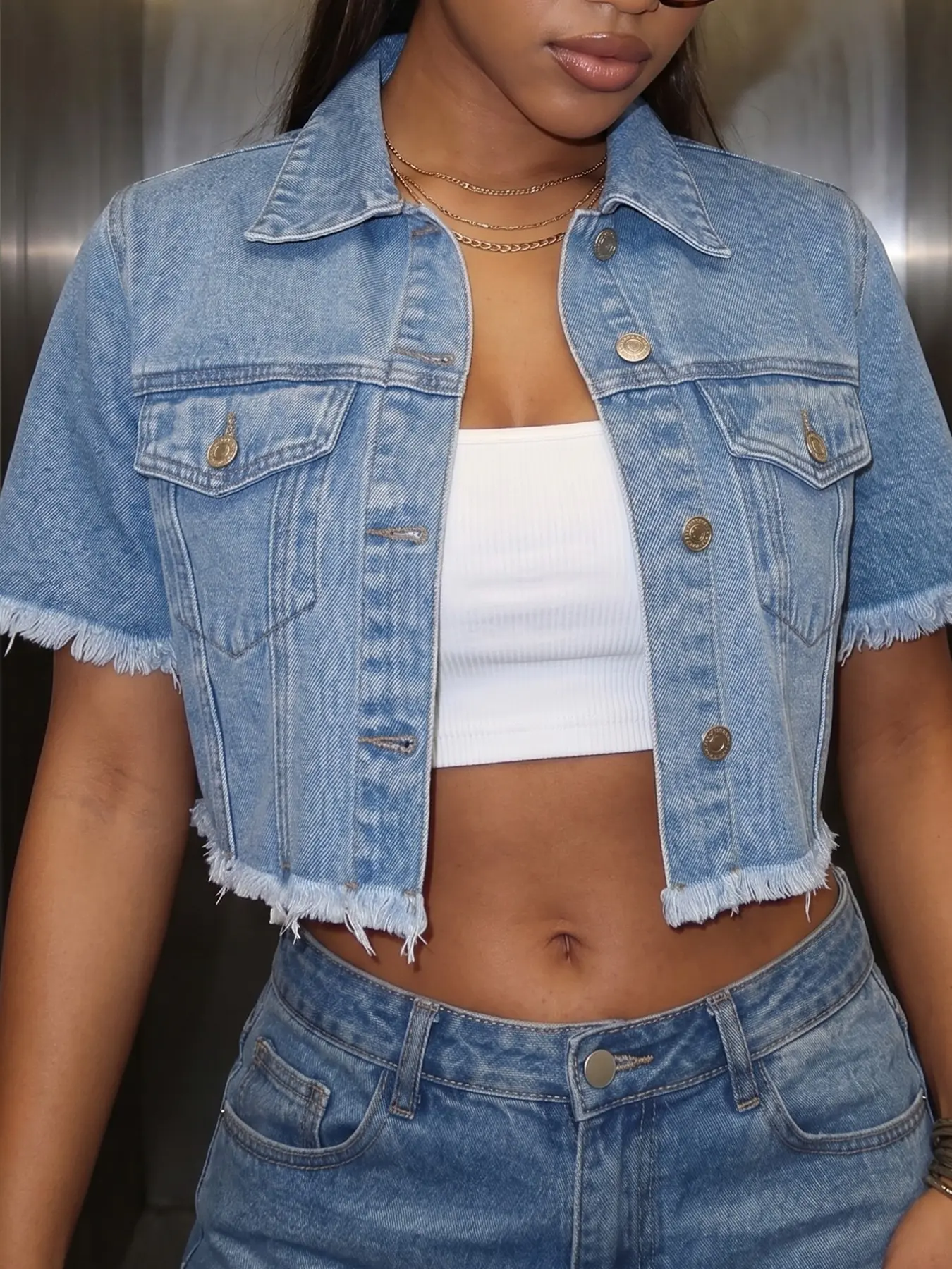 Women's Light Blue Wash Denim Shirt Jacket, Short Sleeve Cropped Frayed Raw Hem, Casual Y2K Streetwear for Daily Shopping, Spring Summer Style