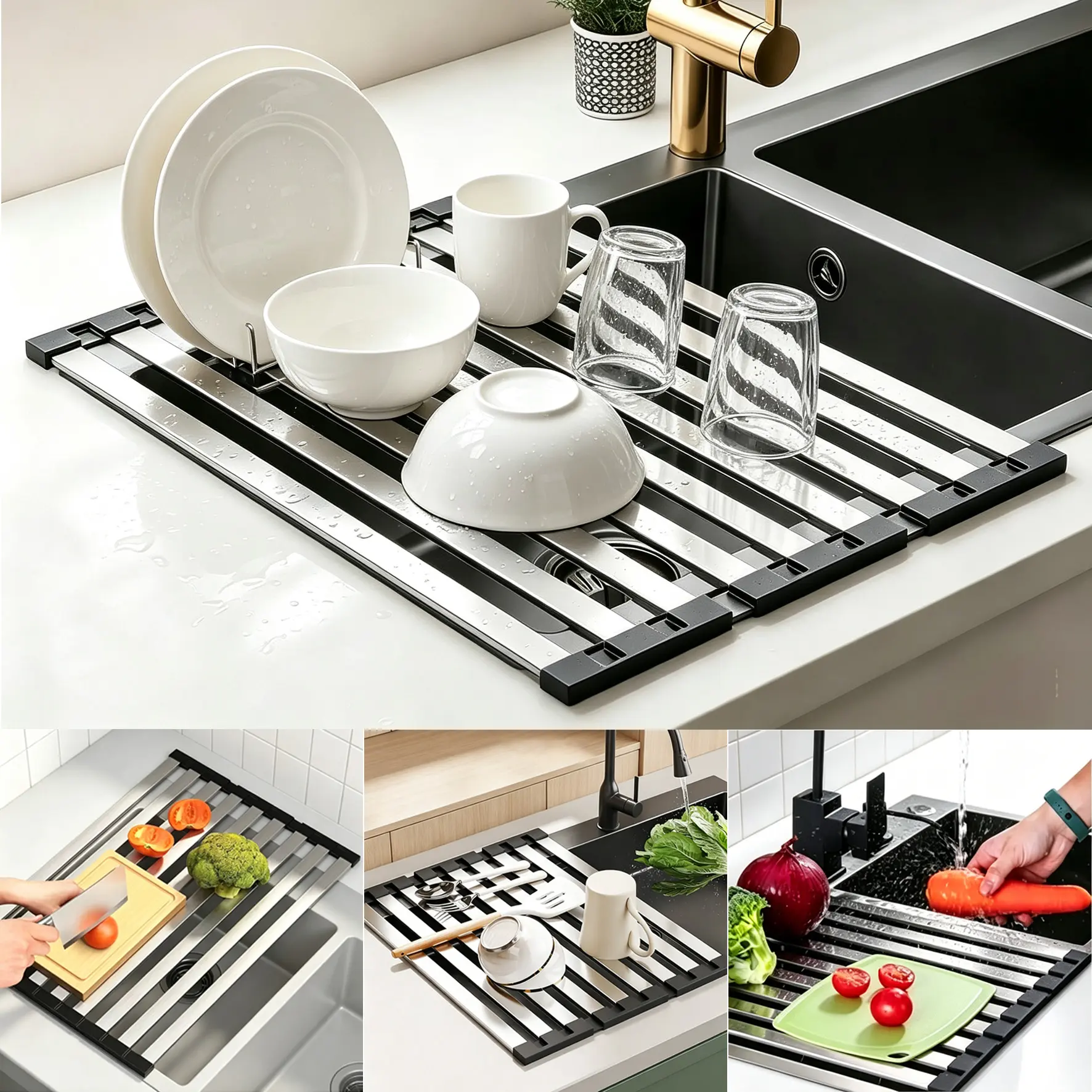 304 Stainless Steel Foldable Over Sink Dish Drying Rack, Rustproof Heat Resistant Non-Slip Multipurpose Kitchen Organizer, Works as Veggie Draining Mat & Bowl, cup, drain pad, for Dishes, Utensils and Pot Lids