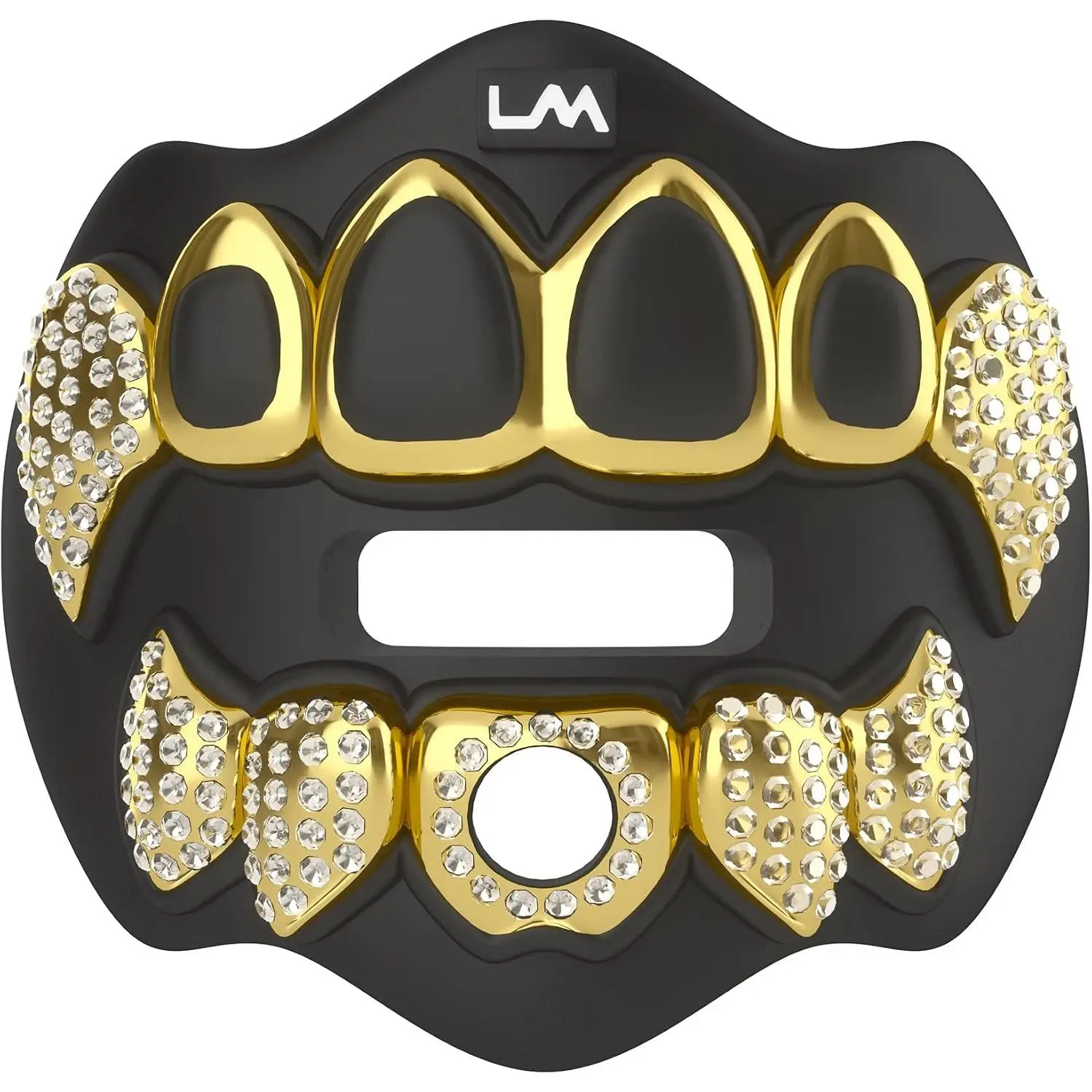 Football Mouth Guard for Youth & Adult - 3D Chrome Grillz Gold Teeth Mouthpiece with Strap, No-Boil Braces-Friendly Sports Mouthguard (Chrome Black/Gold)