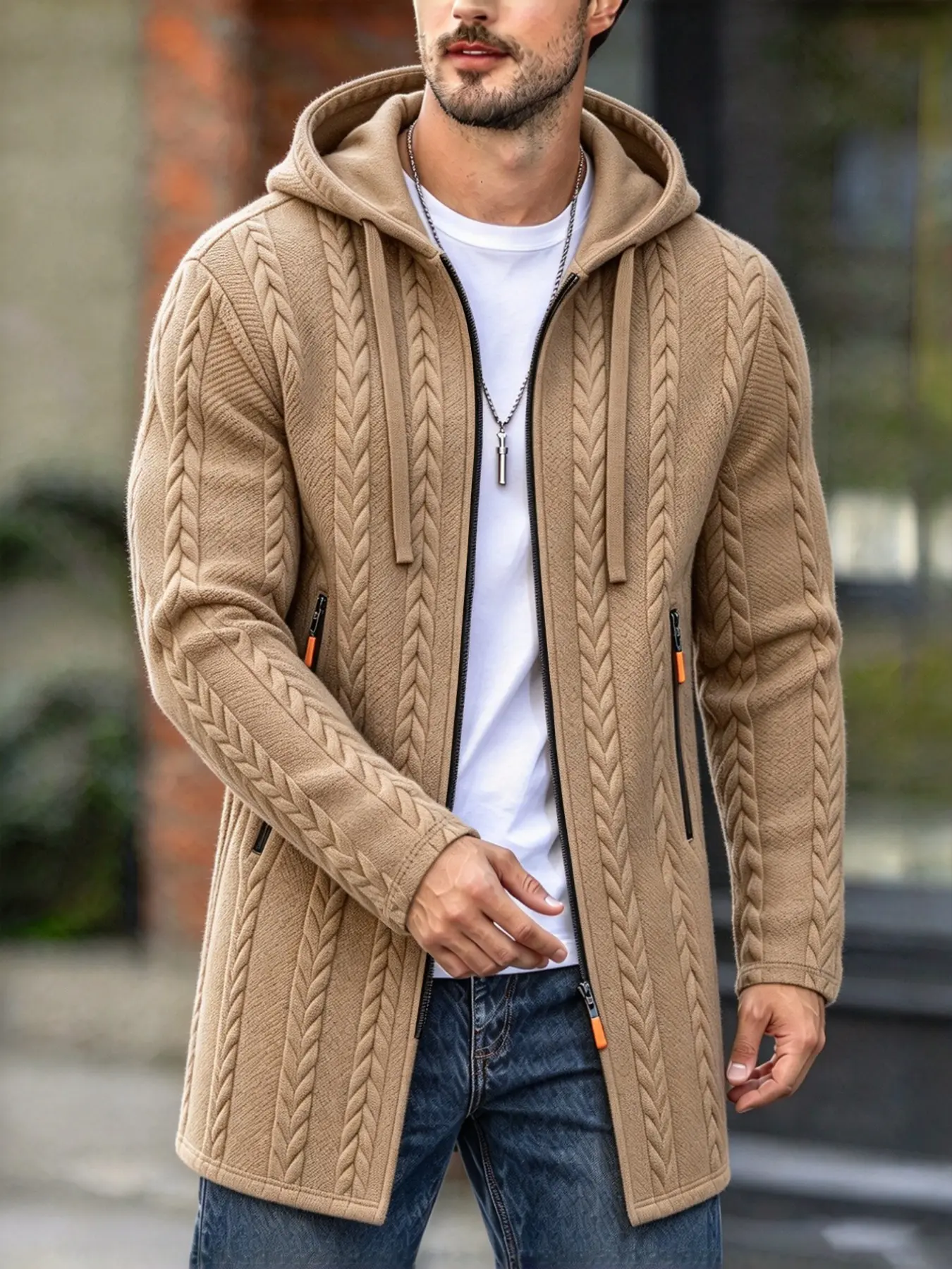 Men Straight Cut Casual Streetwear Hooded Cable Knit Long Jacket, Chunky Braided Knit Texture, Drawstring Hood & Zipper Pockets, Warm Outerwear for Fall & Winter