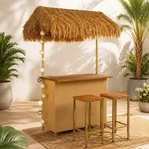 ARCH GO Hawaiian-Style Bar Height Outdoor Patio Furniture Set, Weatherproof Acacia Wood Top Bar Table with PE Grass Canopy, Stools with Adjustable Feet & Storage, for Commercial & Residential Entertaining, Natural Finish