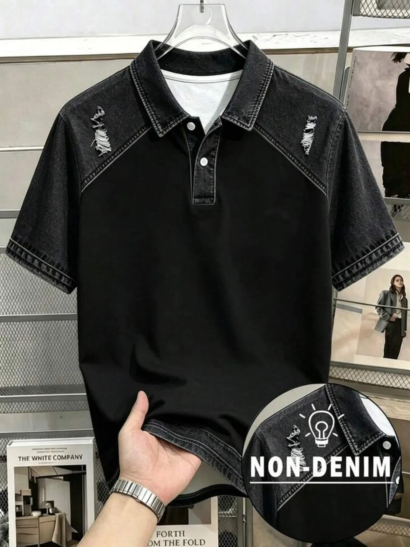 Men's Denim-Style Patchwork Polo Shirt, Casual Loose-Fit Short Sleeve Top, All-Over Print Design, Suitable for All Seasons