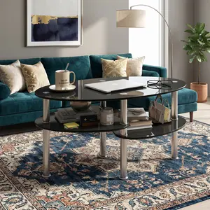 43 Inch Tempered Glass Oval Coffee Table with Shelf Base, Modern Side Table for Living Room, Clear Tempered Glass Top, Sturdy Shelf Base, Perfect for Living Room Decoration and Daily Use