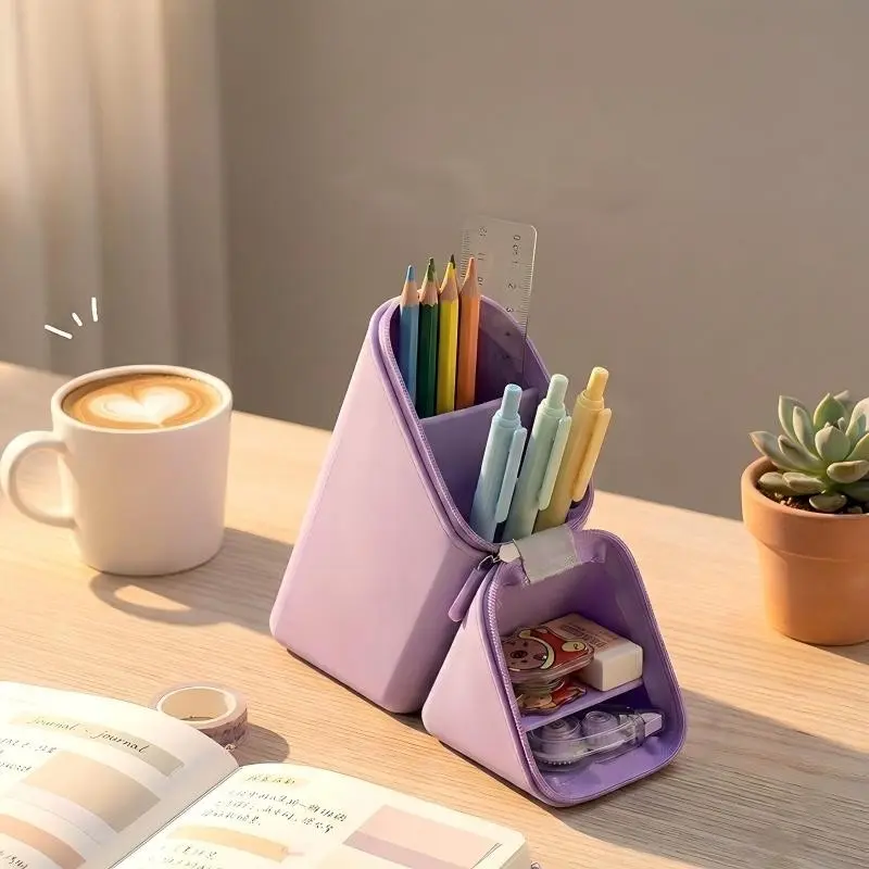 Two-In-One Standing Silicone Pencil Case, Dual-Layer Large Capacity Waterproof Stationery Organizer, Portable Desk Pen Holder for Students and Office