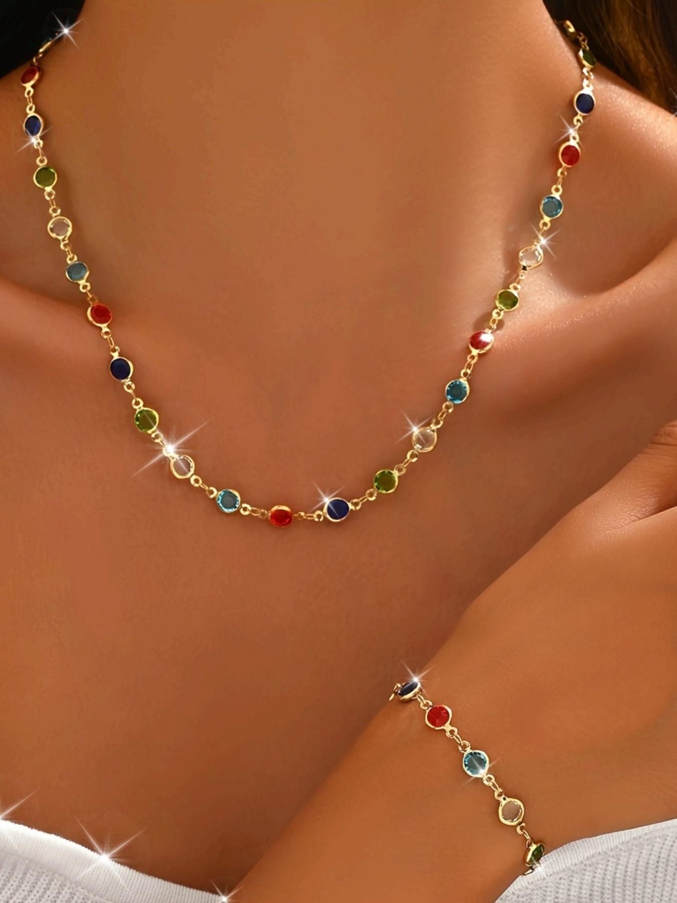 Women's Elegant Colorful Artificial Zircon Decorated Necklace & Bracelet, Fashion Jewelry for Party, Daily Clothing Decor, Trendy All-match & Exquisite Jewelry for Birthday Gift, Fashionable Jewelry Set