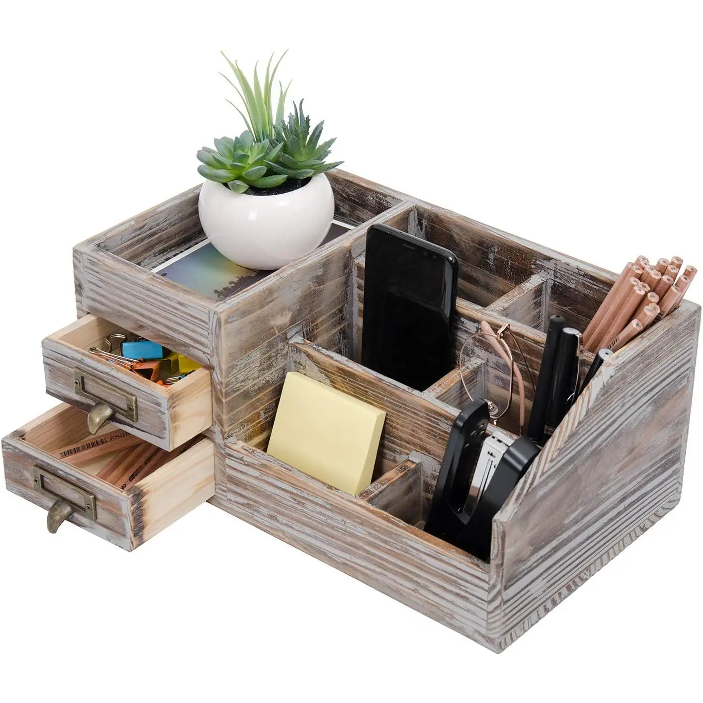 Liry Products Rustic Torched Wooden Desktop Organizer Dark Brown Tabletop Storage Cabinet Stepped Rack Multiple Compartments 2 Tier Drawers Makeup Accessory Sorter Display Box  Office Supplies