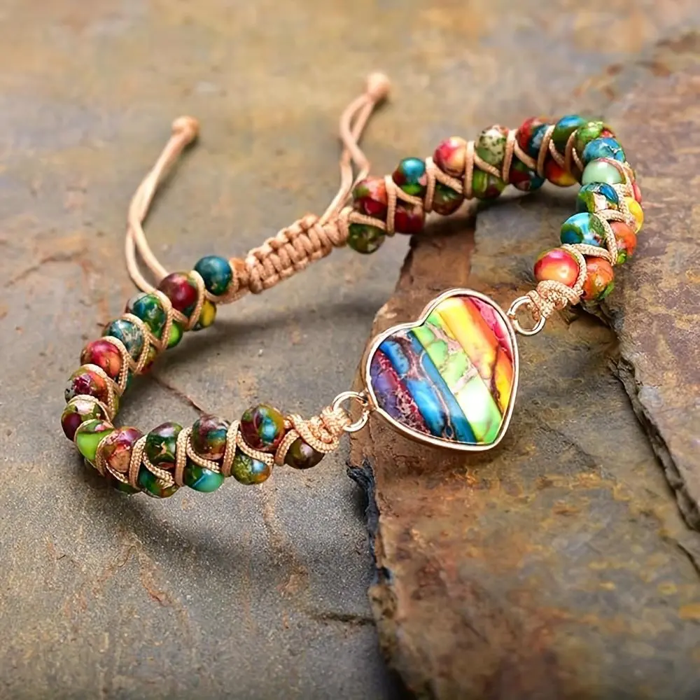 Women's Adjustable Heart-Shaped Chakra Imperial Stone Braided Wrap Bracelet, Chakra Theme Love Symbol Female Wear Jewelry for Yoga Meditation, All Seasons