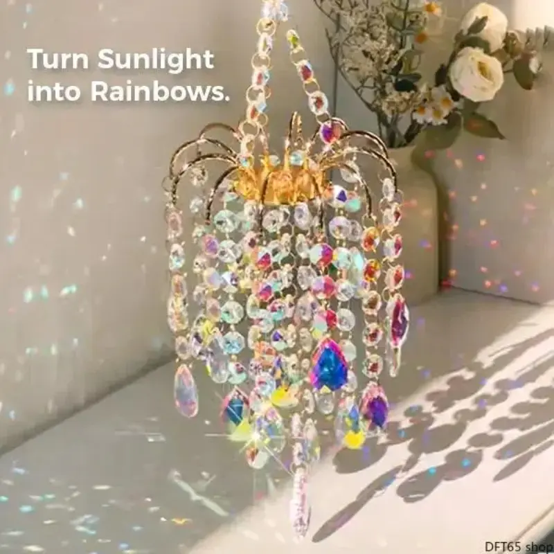 16‑Inch Large Crystal Hanging Sun Catcher, Gold Frame Prism Rainbow Light Catcher, Indoor Outdoor Window Home Decor