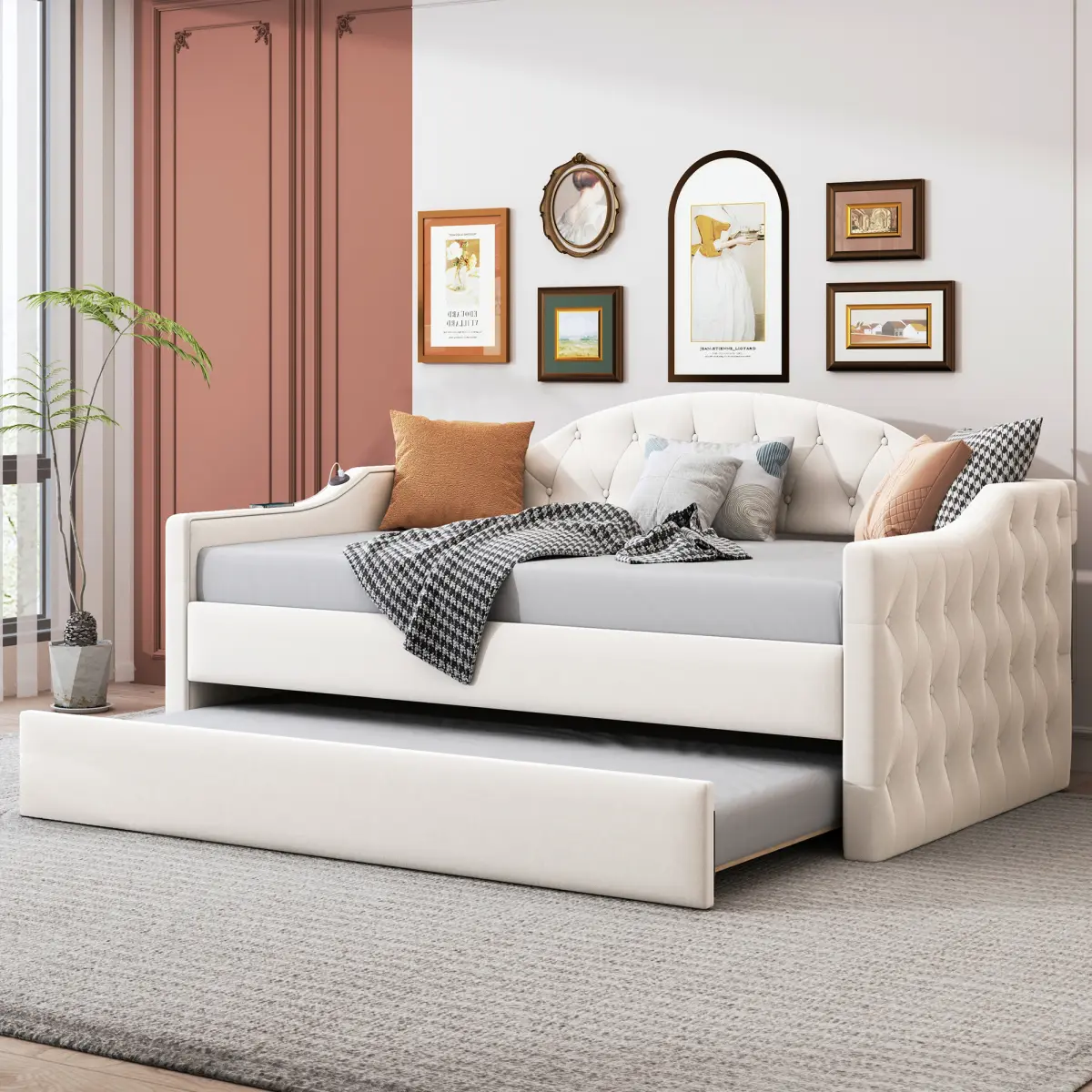 Vintage Twin Size Tufted Detail Velvet Fabric Daybed Combo with Trundle, 2-Person Sofabed with USB & Type-C Charging Ports, No Box-Spring Needed, Beige (Old SKU: HL000088AAA)